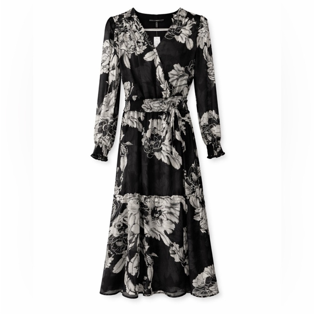 WHBM Black White Floral Midi Dress Smocked Waist Faux Wrap NWT Size 2